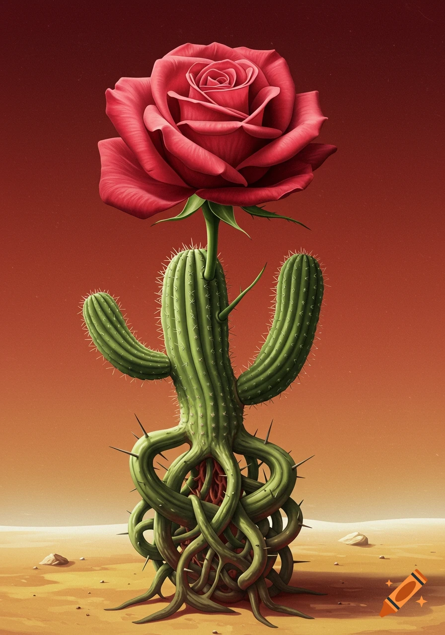 Red rose blooming atop an upside-down saguaro cactus base with root-like arms, in a desert landscape.