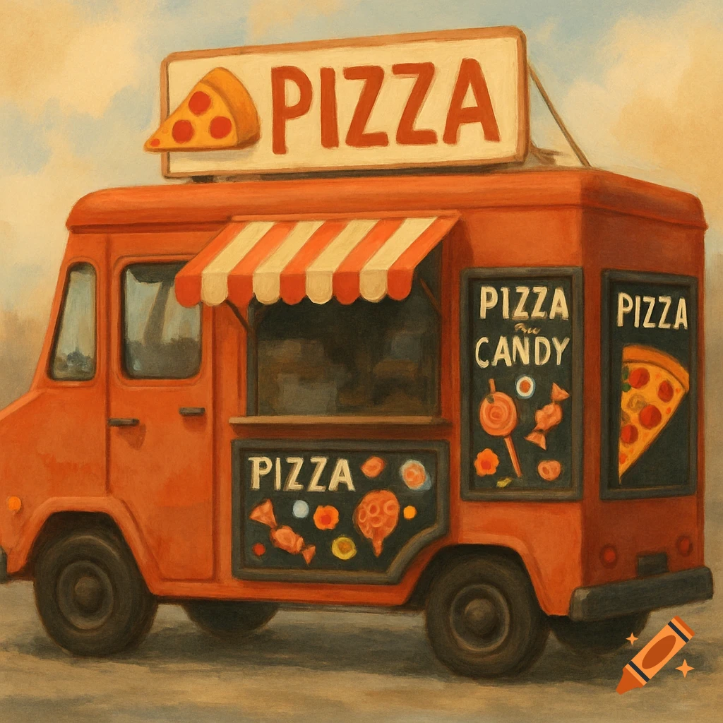 An illustration of an orange pizza food truck with signs.