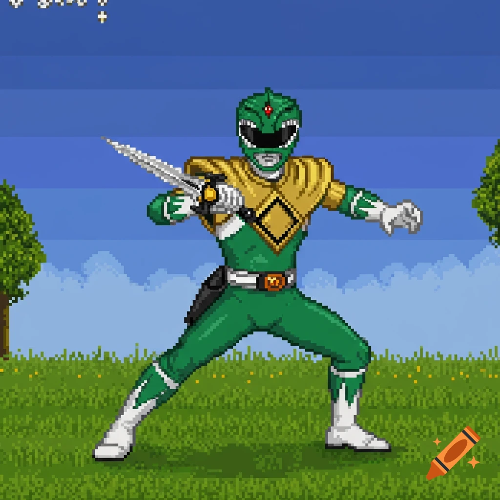 An 8-bit pixel art image of the Green Ranger holding his dagger, standing in a field.