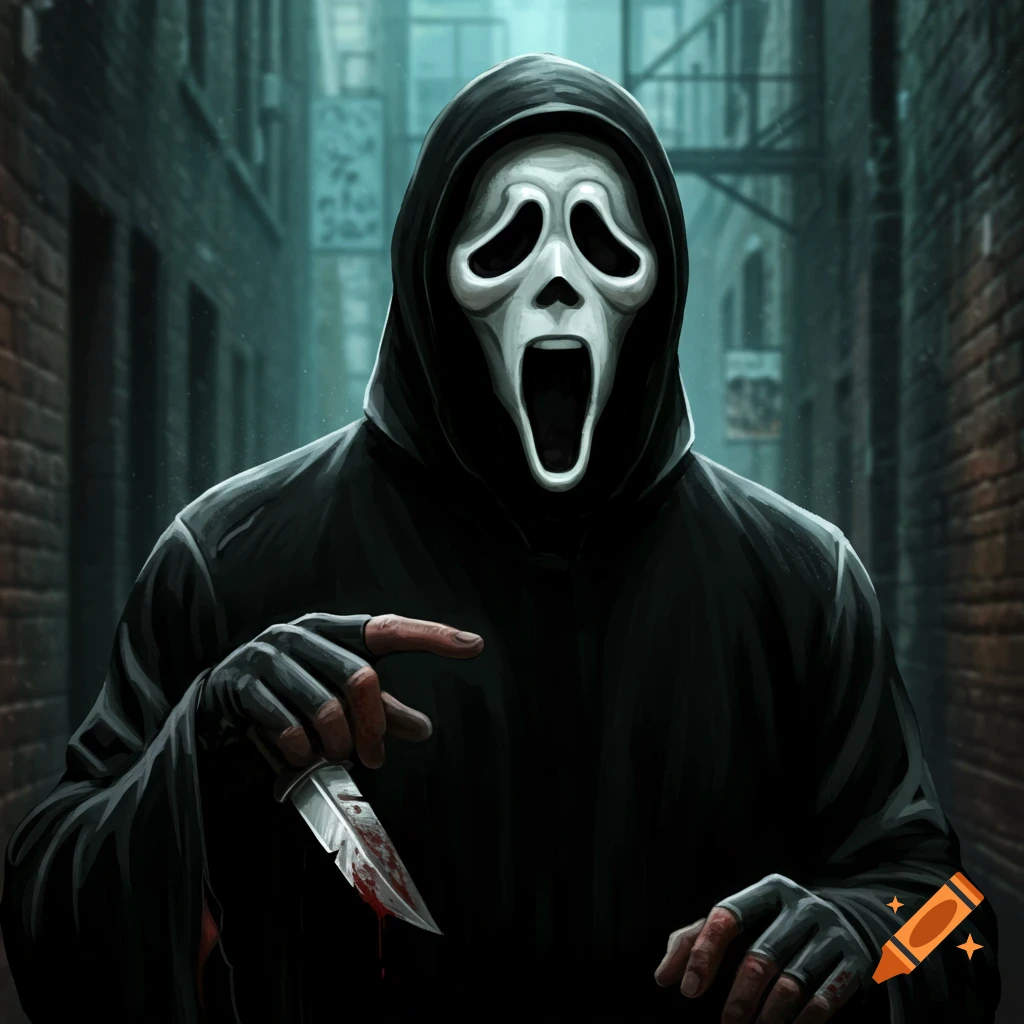 Stylized illustration of Ghostface character holding a bloody knife in a dark alleyway.