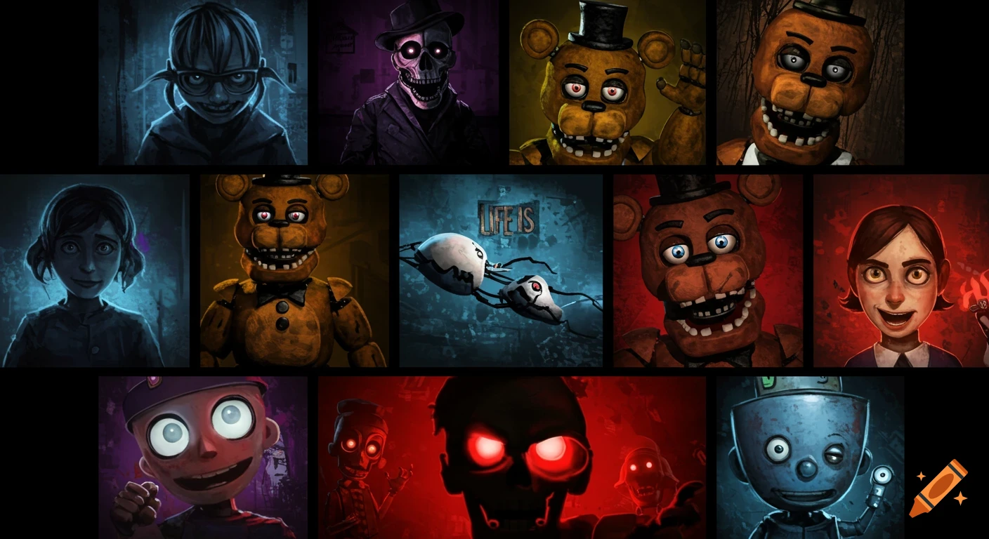 A collage of stylized character portraits and scenes from video games including Five Nights at Freddy's, Portal, and others.