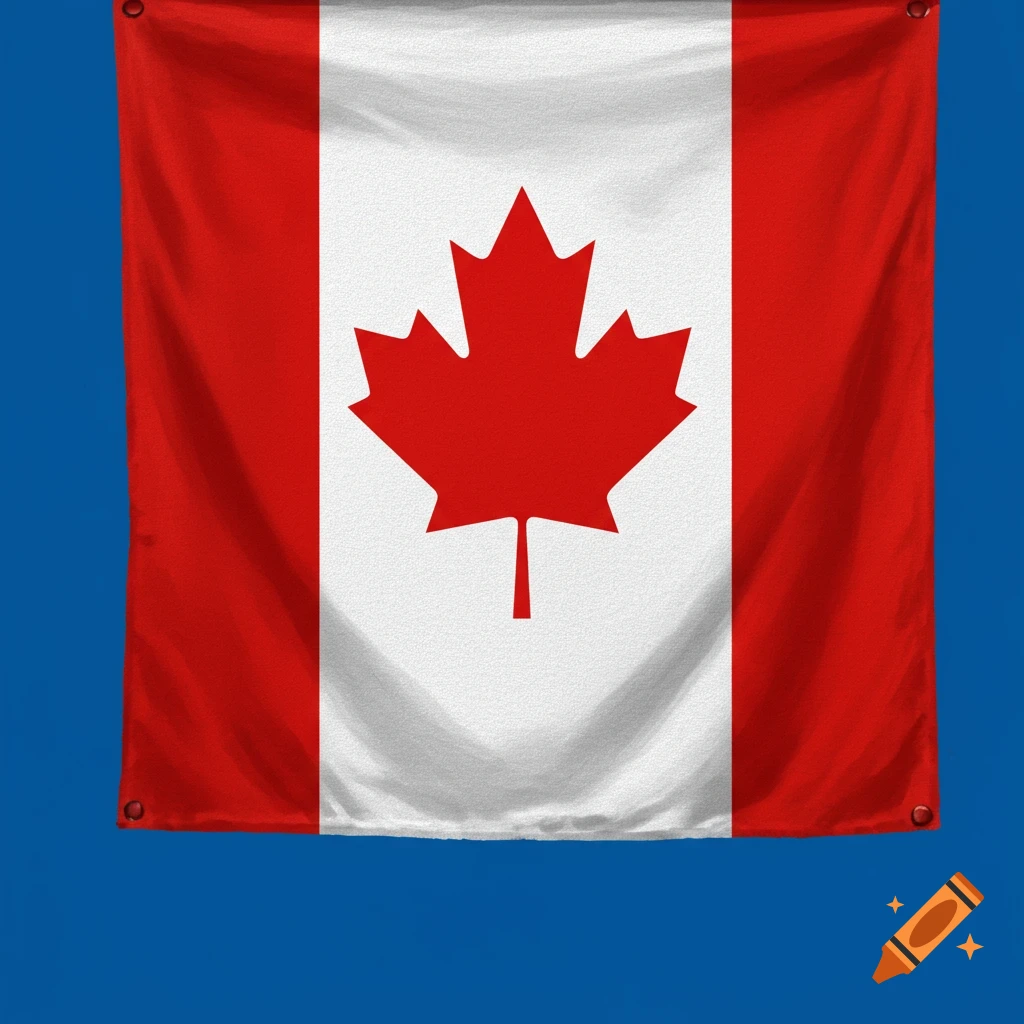 Canadian flag hanging against a blue background