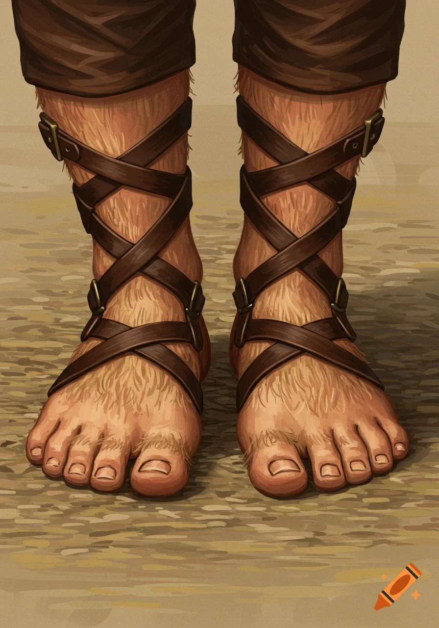 Hairy feet wearing leather straps in a digital painting style.