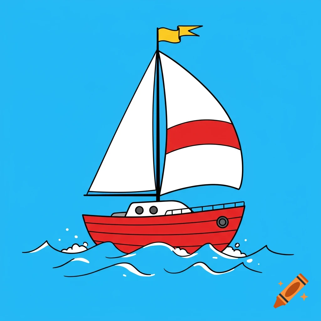 Clipart illustration of a red and white sailboat on blue water with waves.
