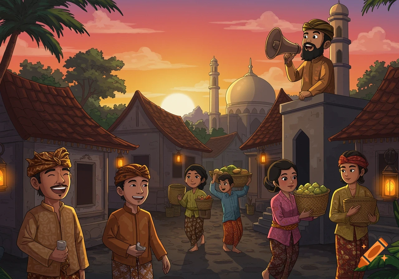 Cartoon illustration of people in traditional clothing in a village at sunset, with a mosque and a man using a megaphone.