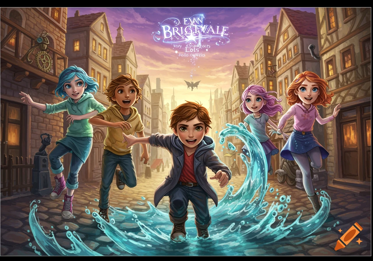 Five kids running through a town street as water splashes up around them, illustration style.