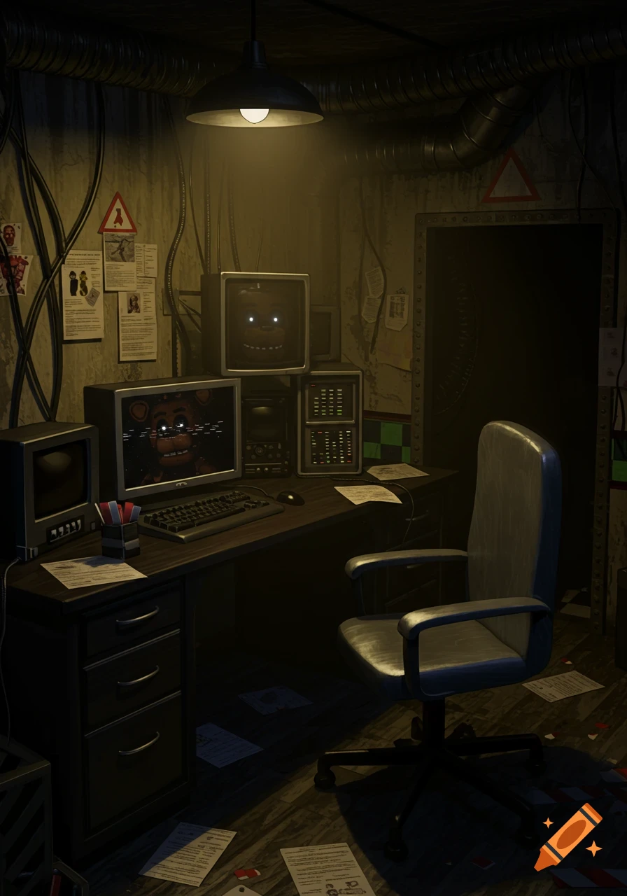 A dark, cluttered office with monitors showing Five Nights at Freddy's characters, a desk, and a chair.