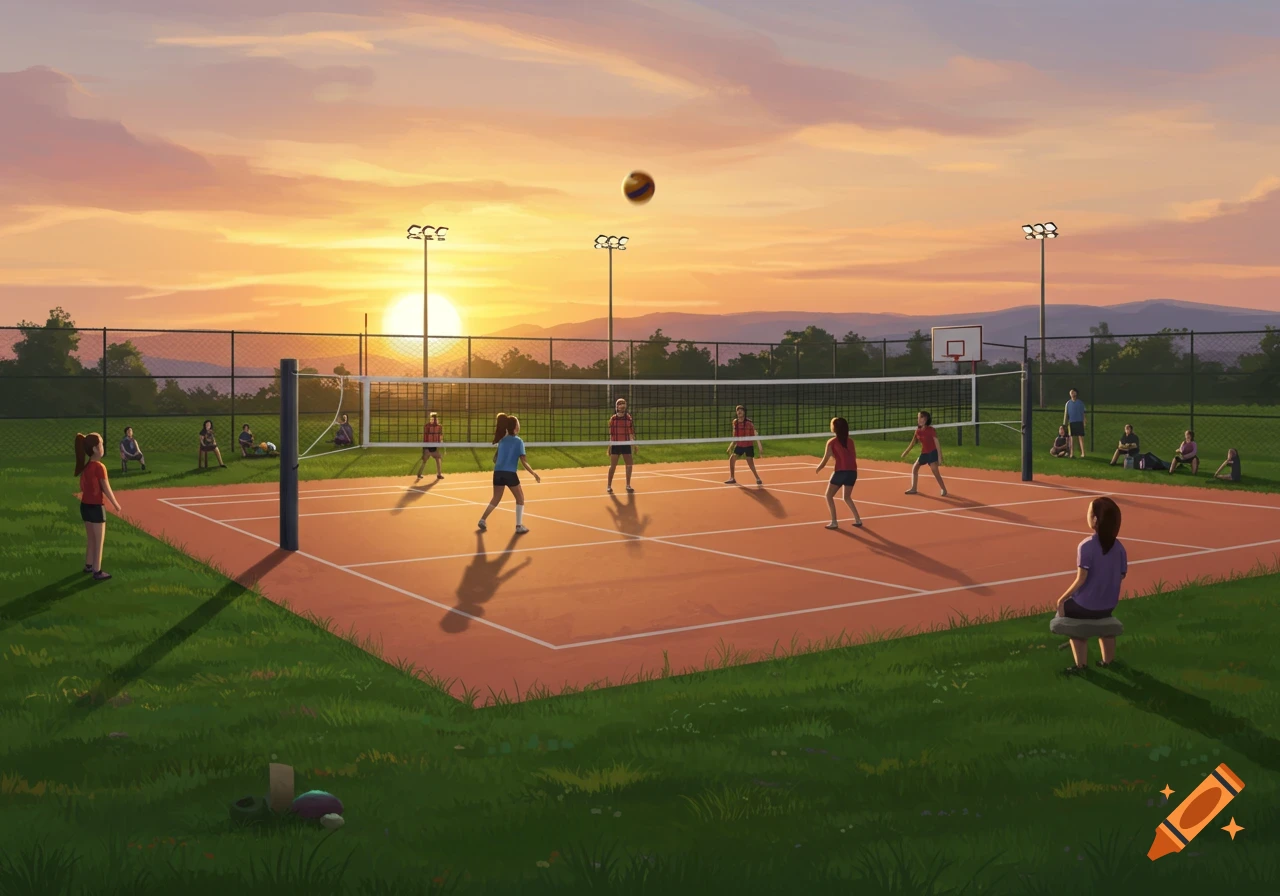 People play volleyball on an outdoor court as the sun sets
