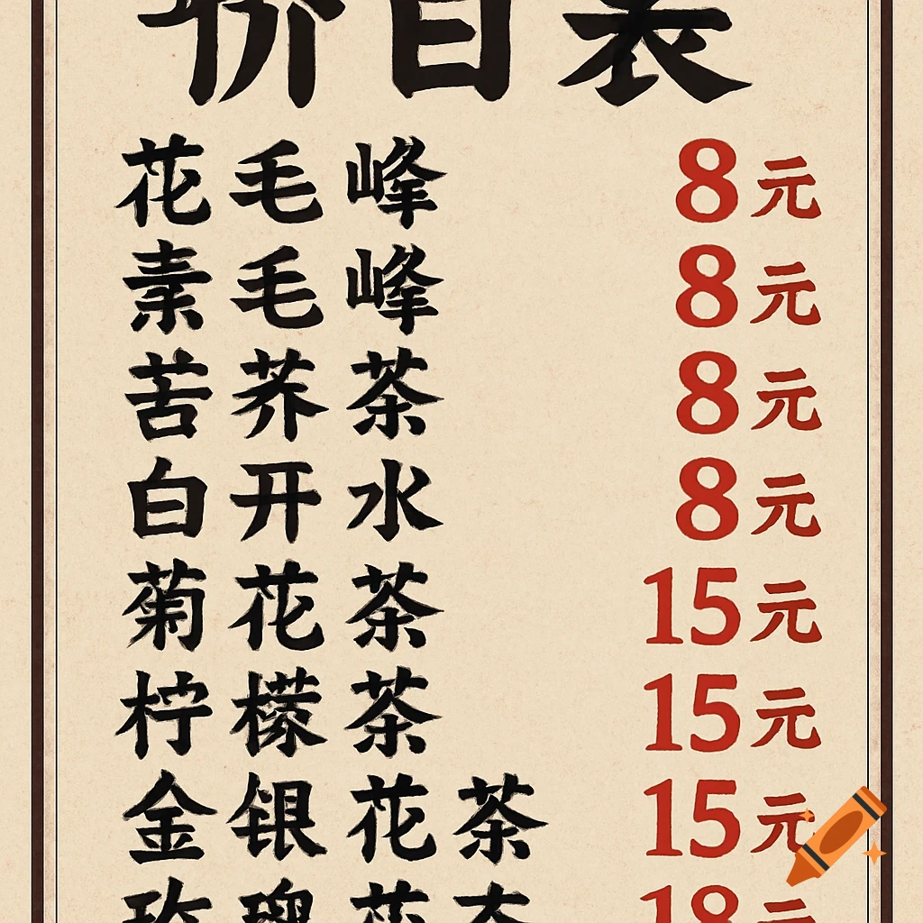 Traditional Chinese calligraphy price list poster
