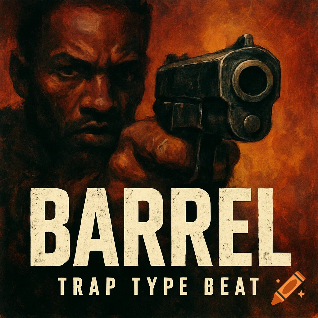Gritty artwork of a person aiming a gun with text 'BARREL TRAP TYPE BEAT'.