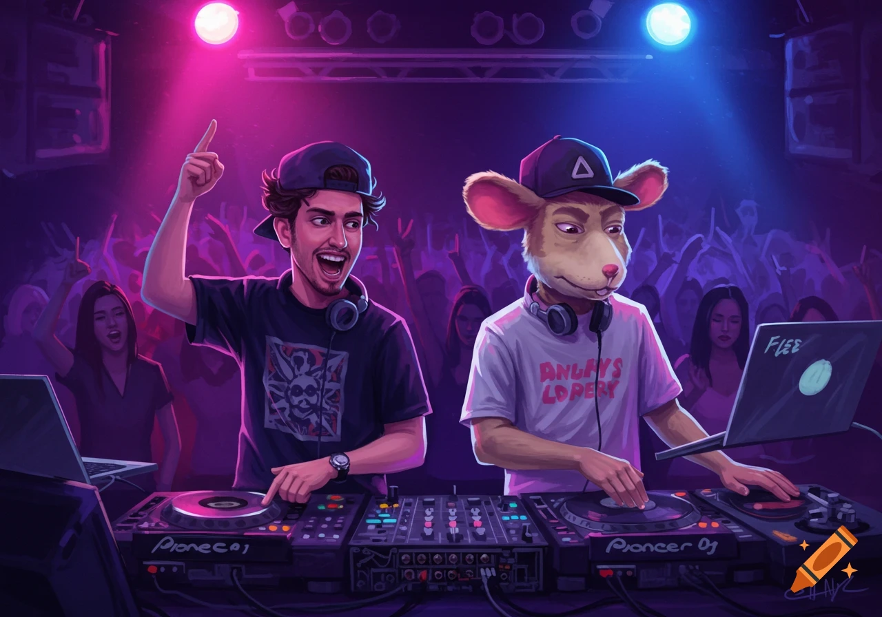 Illustrated depiction of two DJs, one human and one mouse-like furry, performing at a nightclub under pink and blue lights.