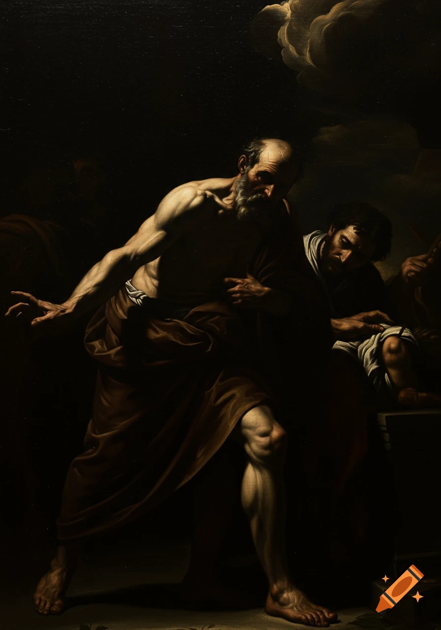 A Caravaggio-style painting of an older man with dramatic lighting.