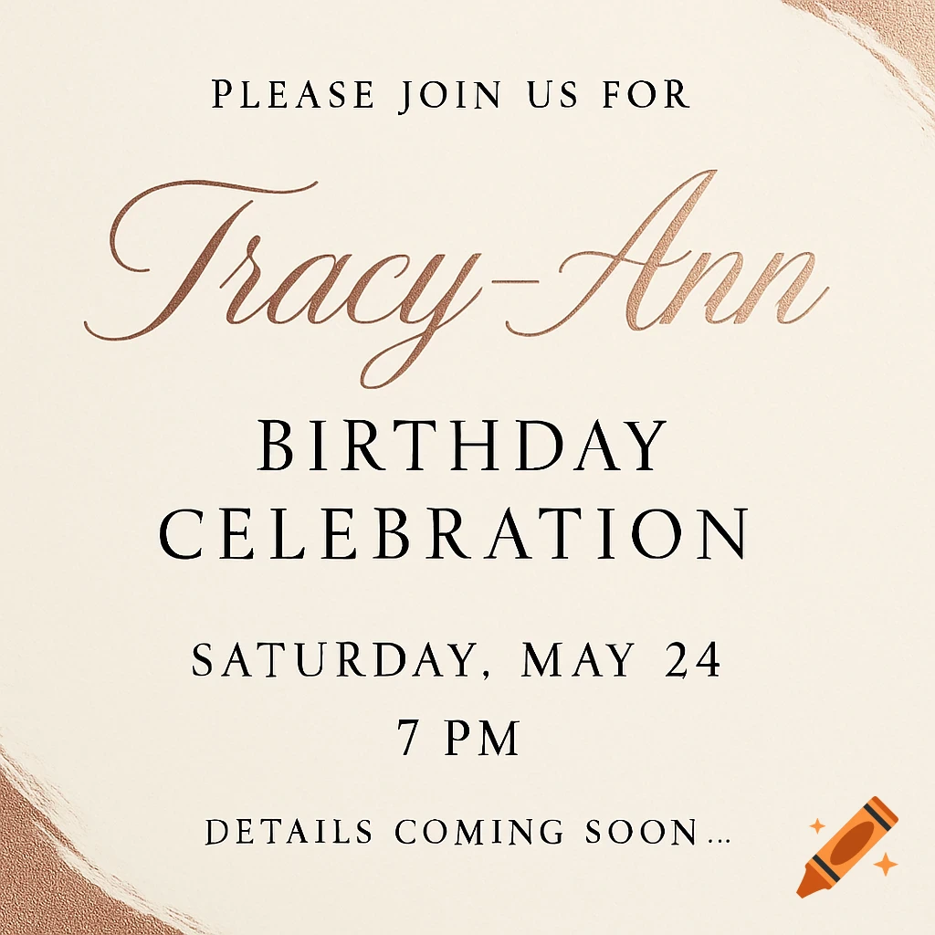 Elegant birthday invitation with rose gold script text for Tracy-Ann on a cream background.