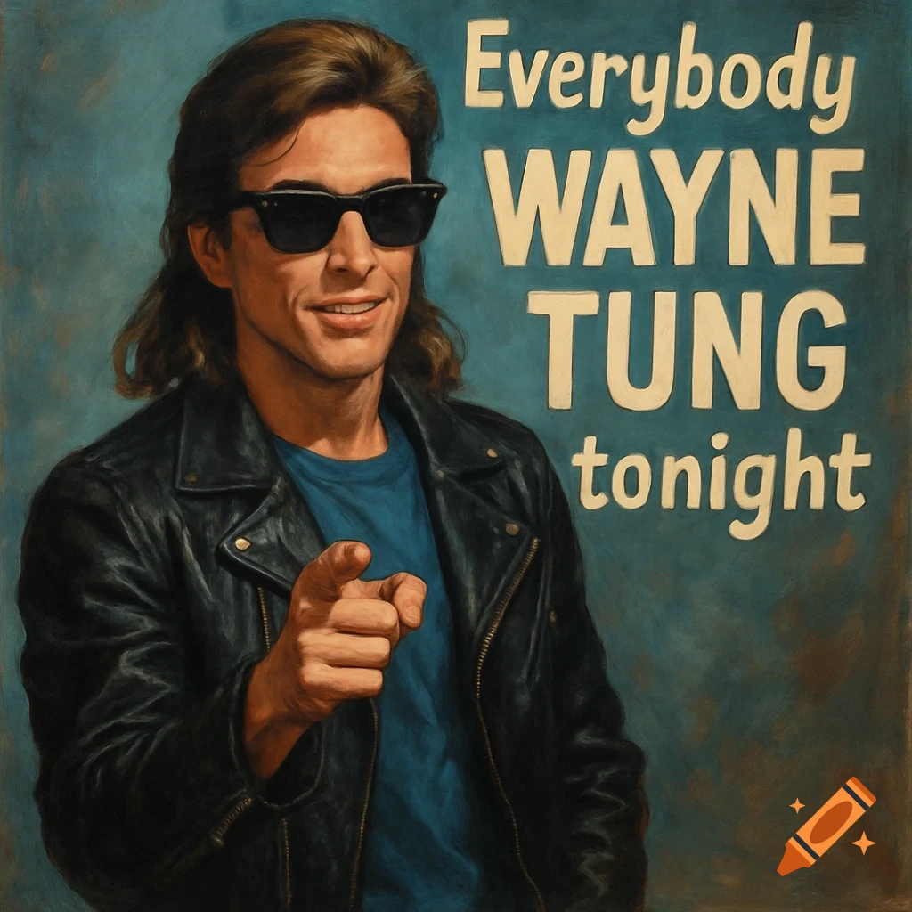 A man in sunglasses and a leather jacket points at the viewer next to large text on a blue background, in a painted style.
