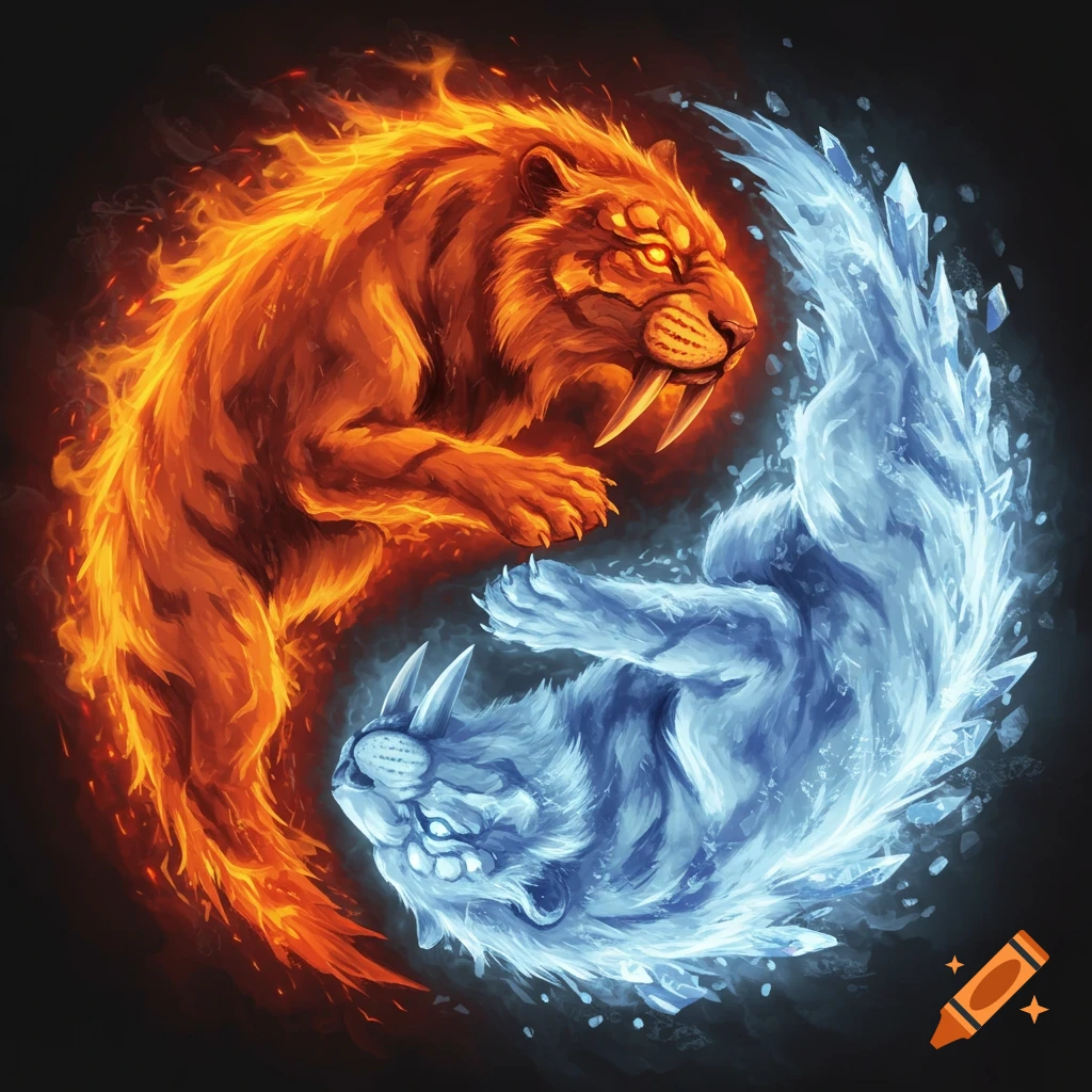 Fantasy art of fire and ice saber-toothed tigers in a yin-yang pose.