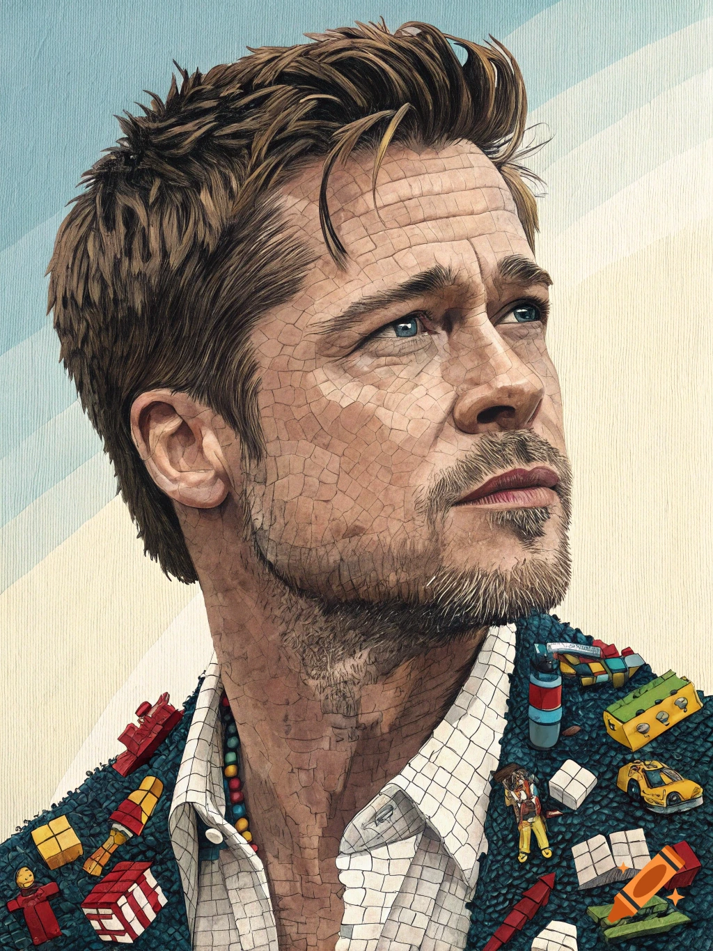 Modern art portrait of Brad Pitt with mosaic-like skin and colorful toys attached to his jacket.