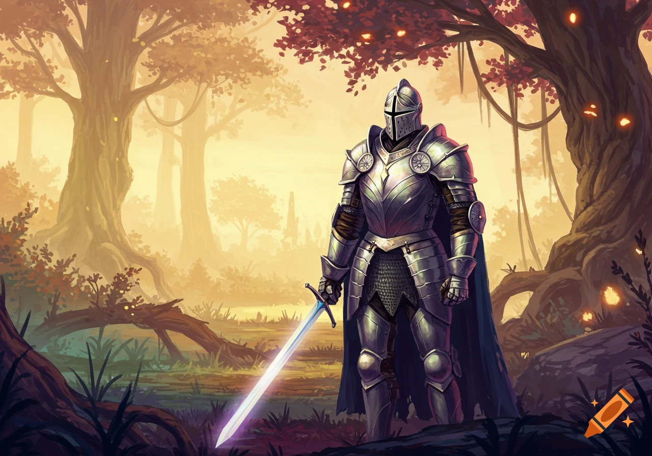 A knight in silver armor stands in a forest holding a glowing sword in a stylized art style.
