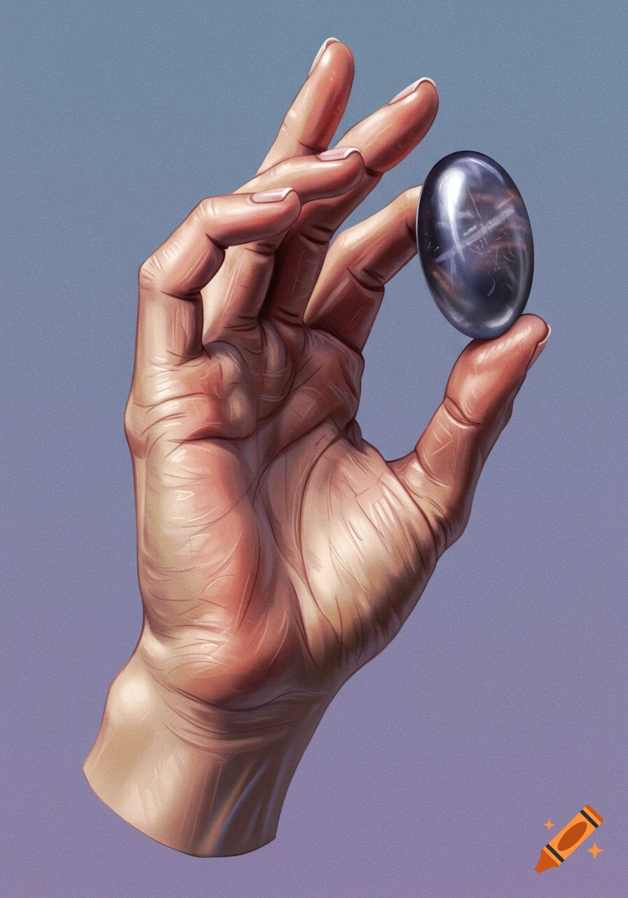 A detailed realistic illustration of a hand holding a smooth, dark, reflective oval object.