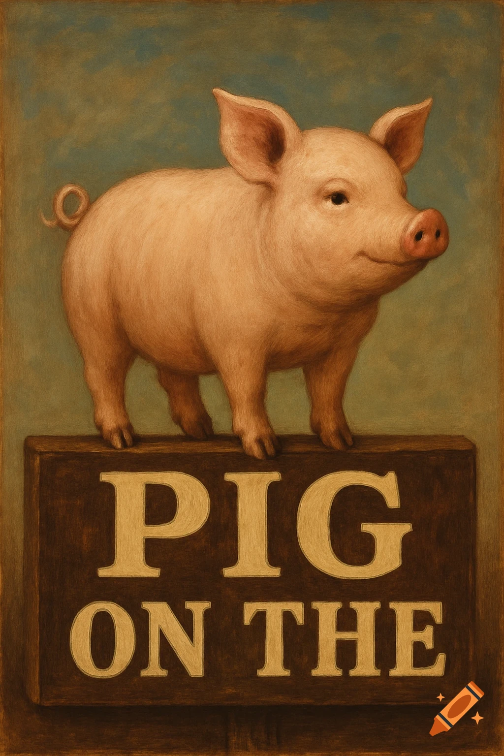 A painterly illustration of a pig standing on a sign that reads 'PIG ON THE'.