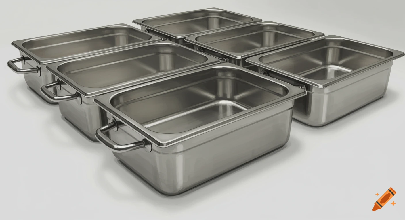 Multiple empty stainless steel food containers arranged on a white surface.