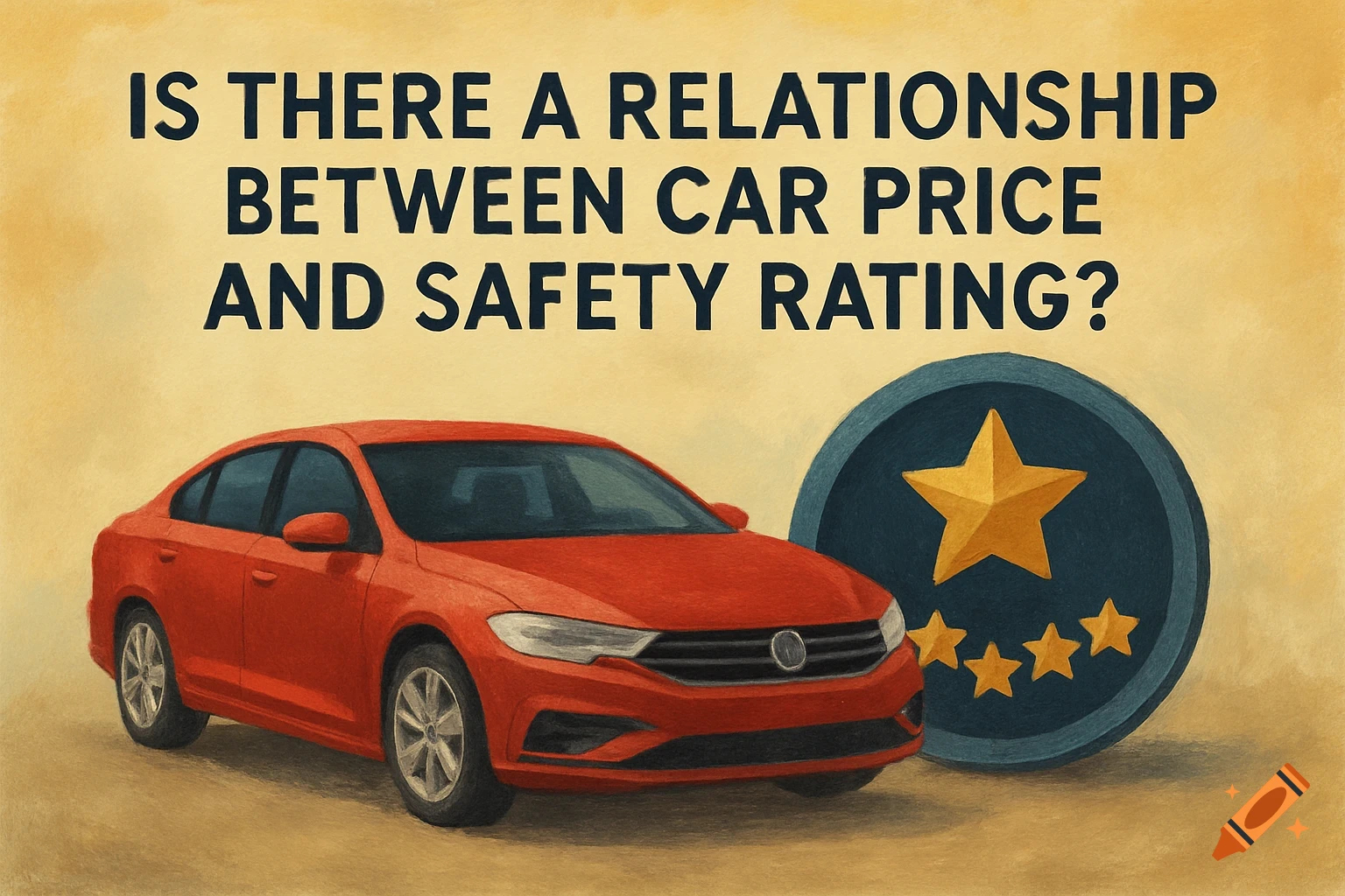 Red sedan car next to a circular safety rating symbol with stars, with headline text above.