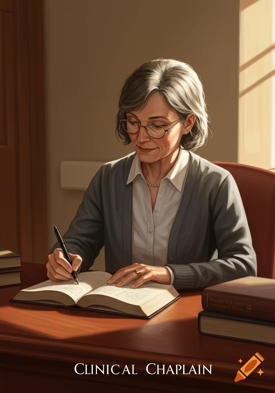 A middle-aged woman wearing glasses and a cardigan sits at a wooden desk, writing in an open book with a pen, surrounded by stacks of books in warm sunlight.