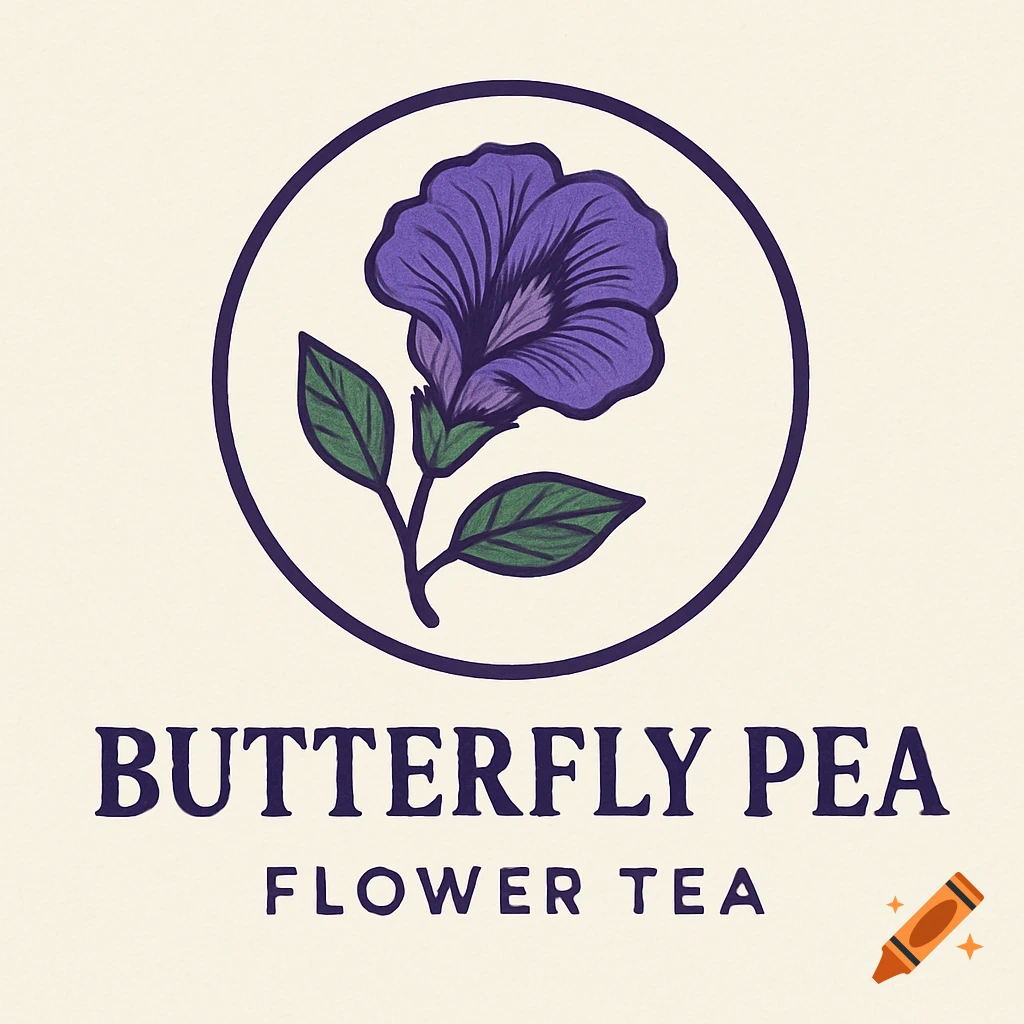 Logo with a purple butterfly pea flower illustration inside a dark circle above the text "BUTTERFLY PEA FLOWER TEA".