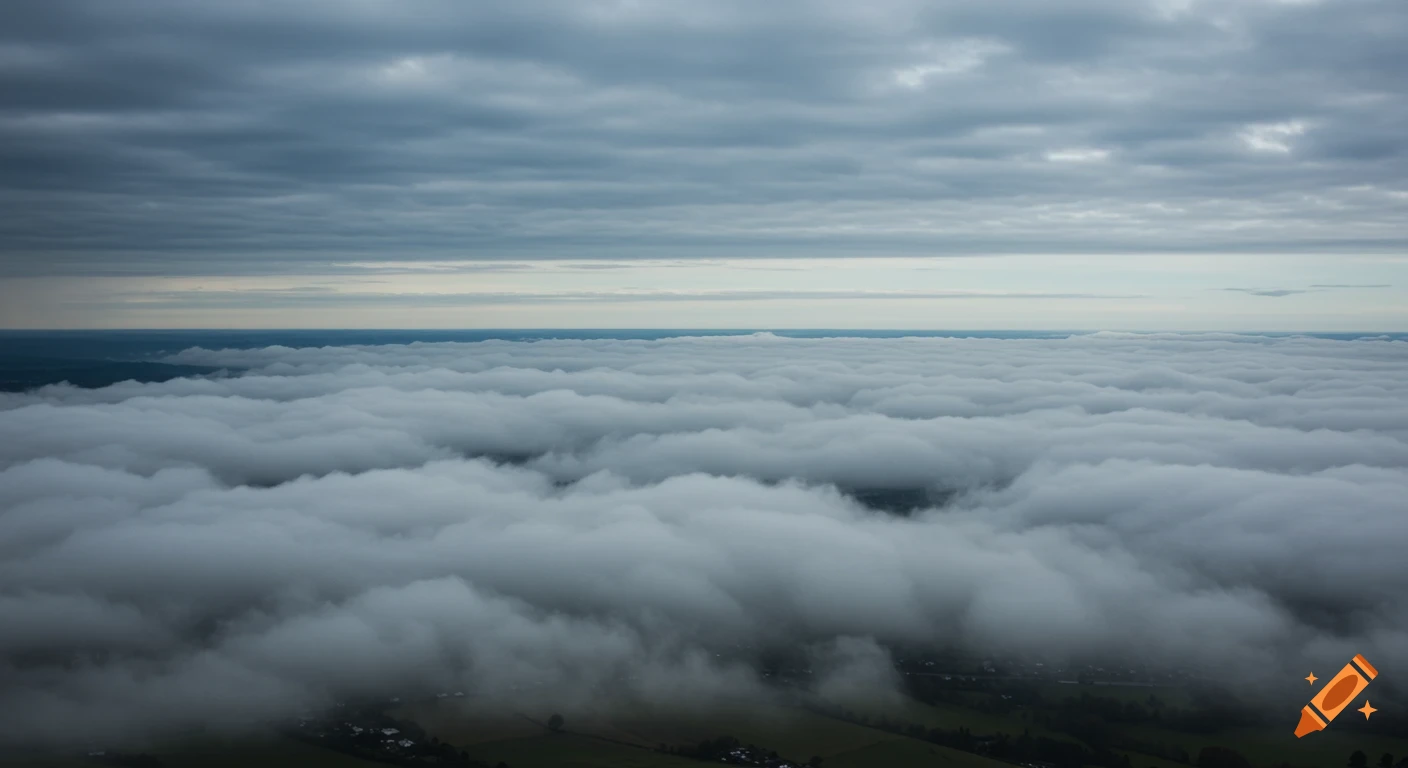 An aerial view looking down at a thick layer of clouds covering a landscape under a cloudy sky.