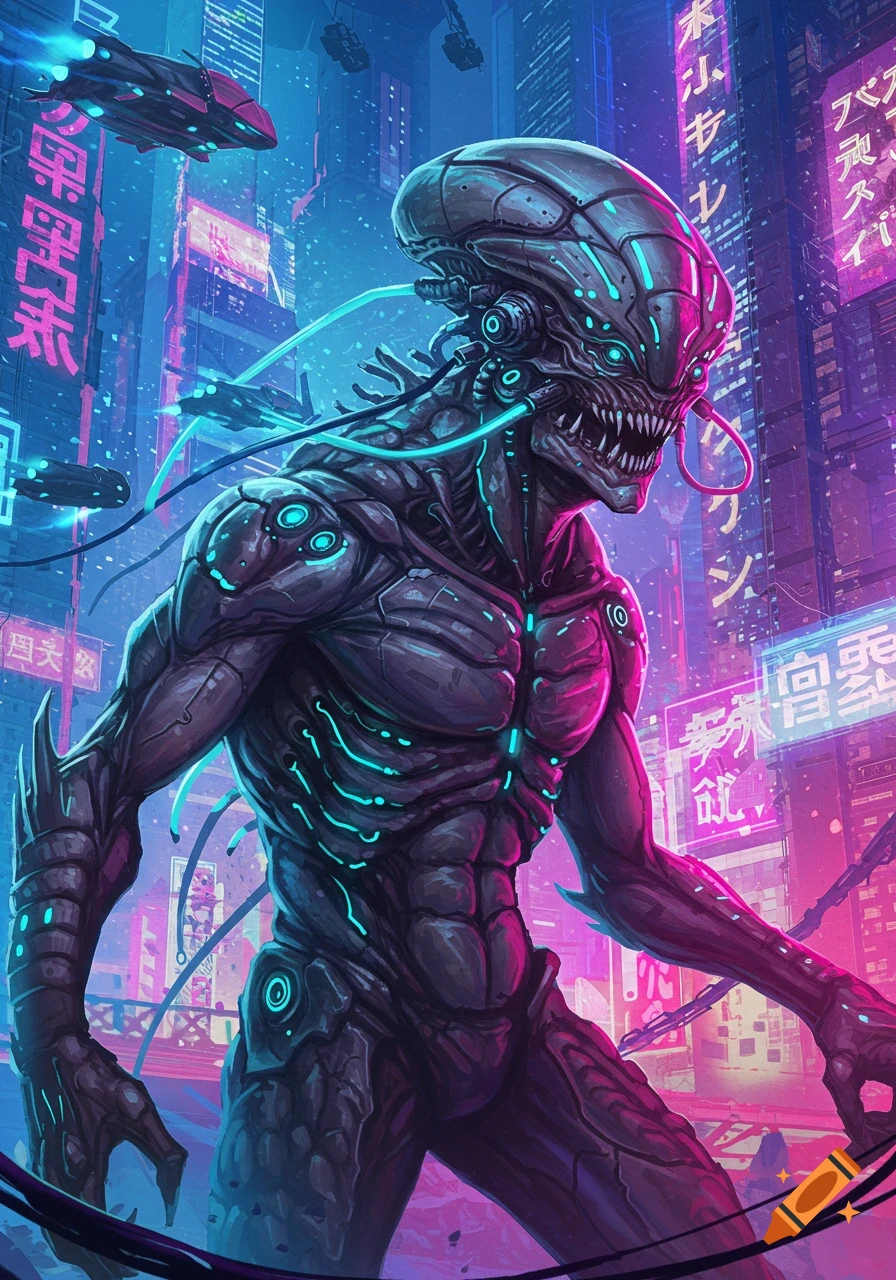 A menacing alien creature stands in a neon-lit cyberpunk city street with flying vehicles.
