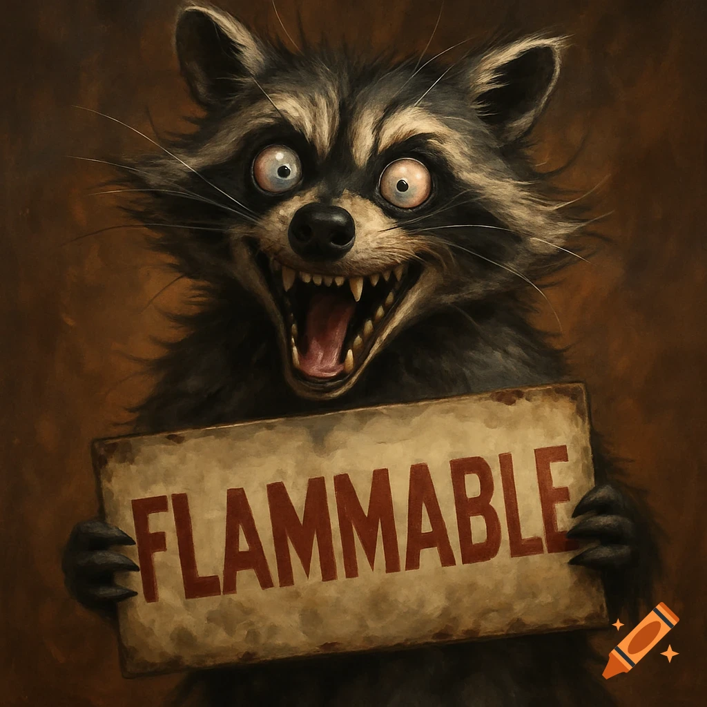A stylized, crazy-looking raccoon holds a sign that says FLAMMABLE.
