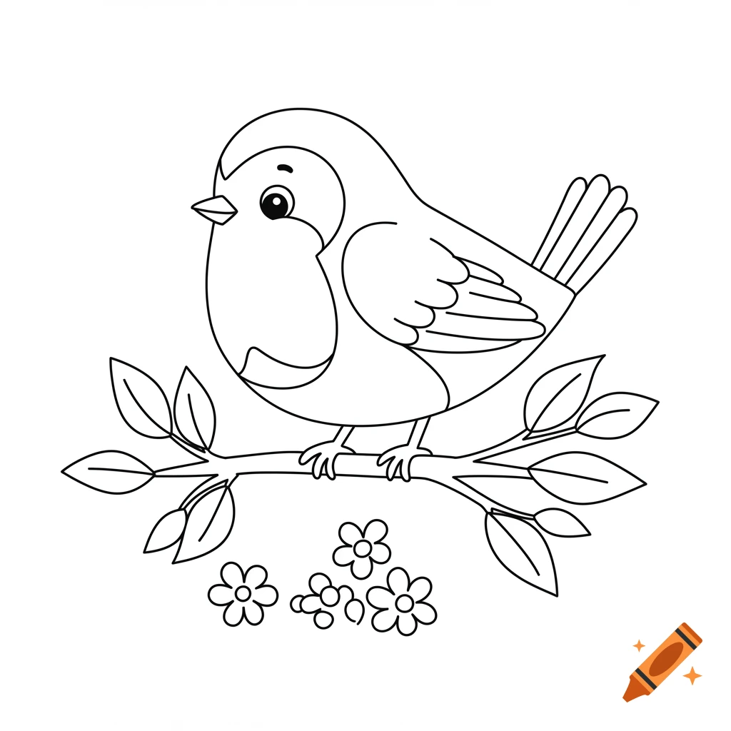 Black and white line drawing of a cute cartoon bird sitting on a branch with flowers below.