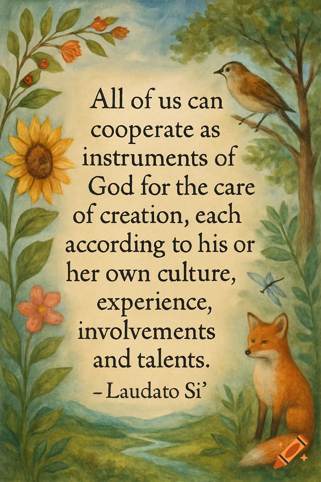 Watercolor illustration with a quote about creation, framed by nature elements: sunflower, bird, fox, and landscape.