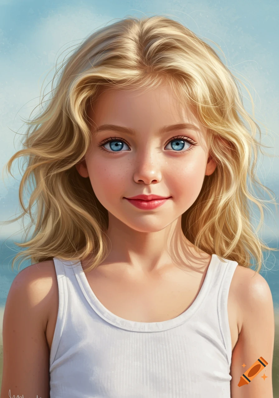Close-up portrait of a blonde girl with blue eyes wearing a white tank top.
