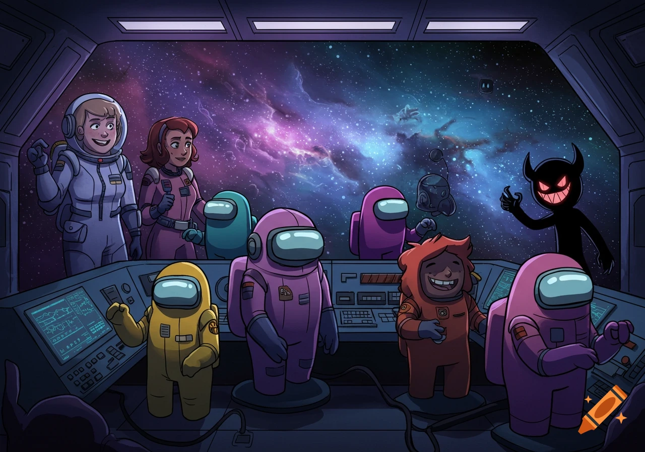 Cartoon illustration of Among Us characters and astronauts in a spaceship looking at space.
