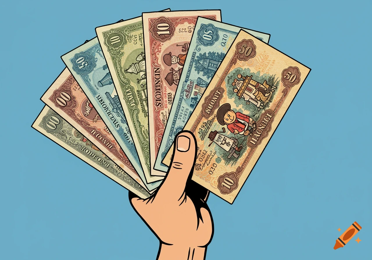 A cartoon hand holds fanned-out vintage banknotes against a blue background.