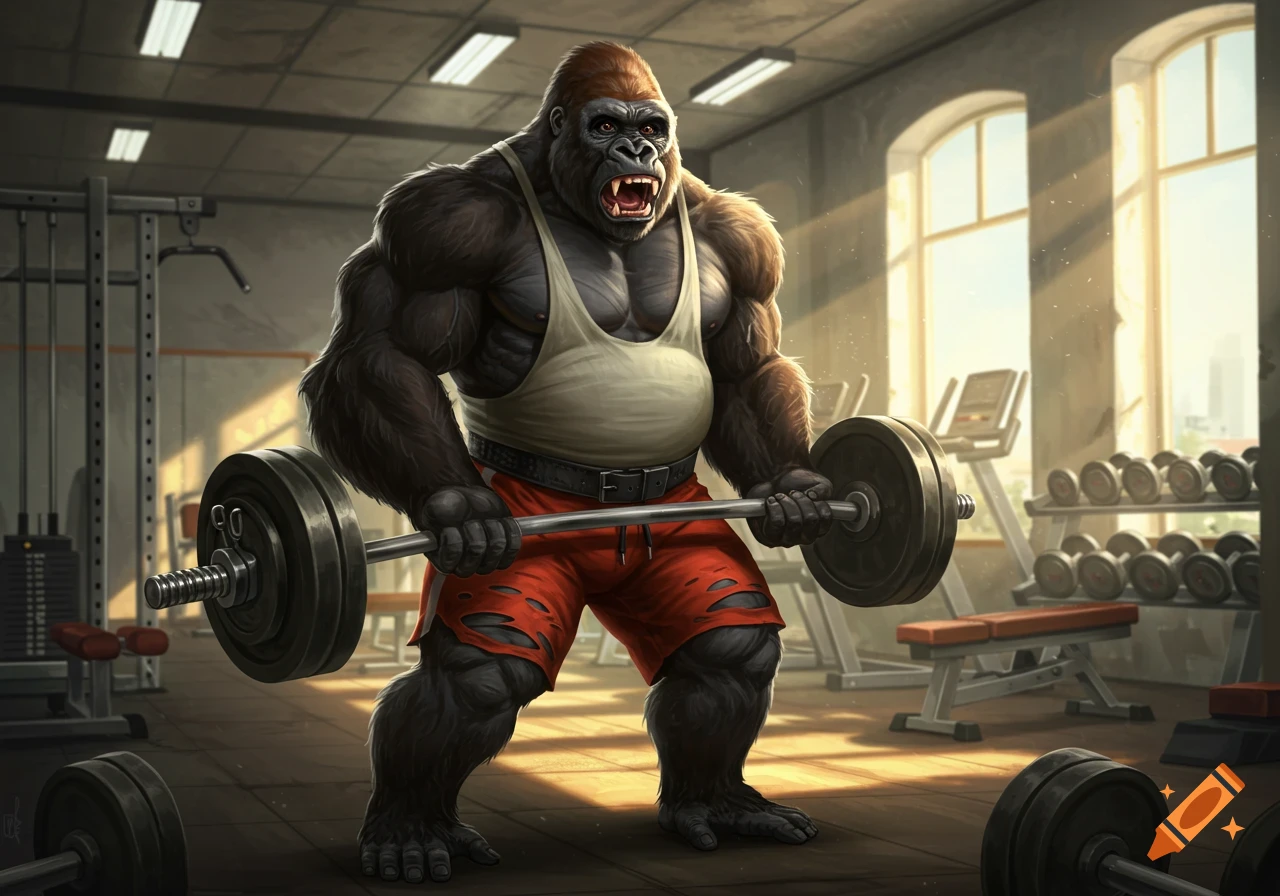 Muscular gorilla lifts a barbell in a gym.
