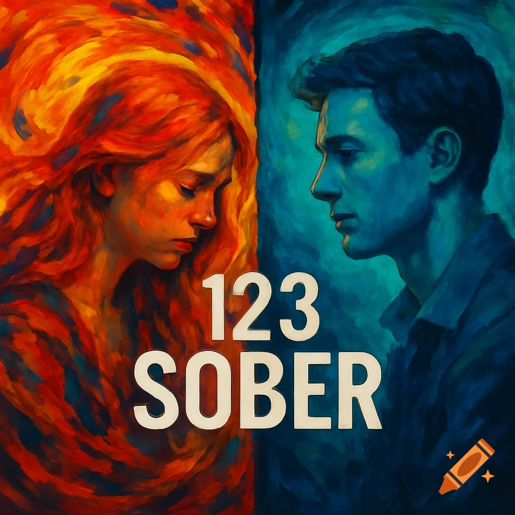Split abstract portrait of a woman in reds and yellows and a man in blues, with text '123 SOBER' in the center.