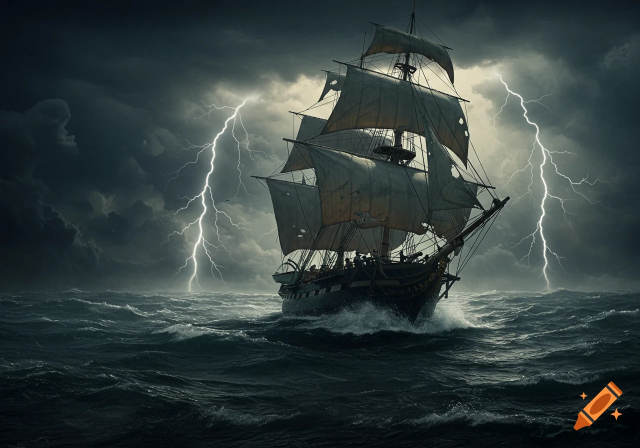 A tall ship sails through a dark storm with waves crashing and lightning striking around it.