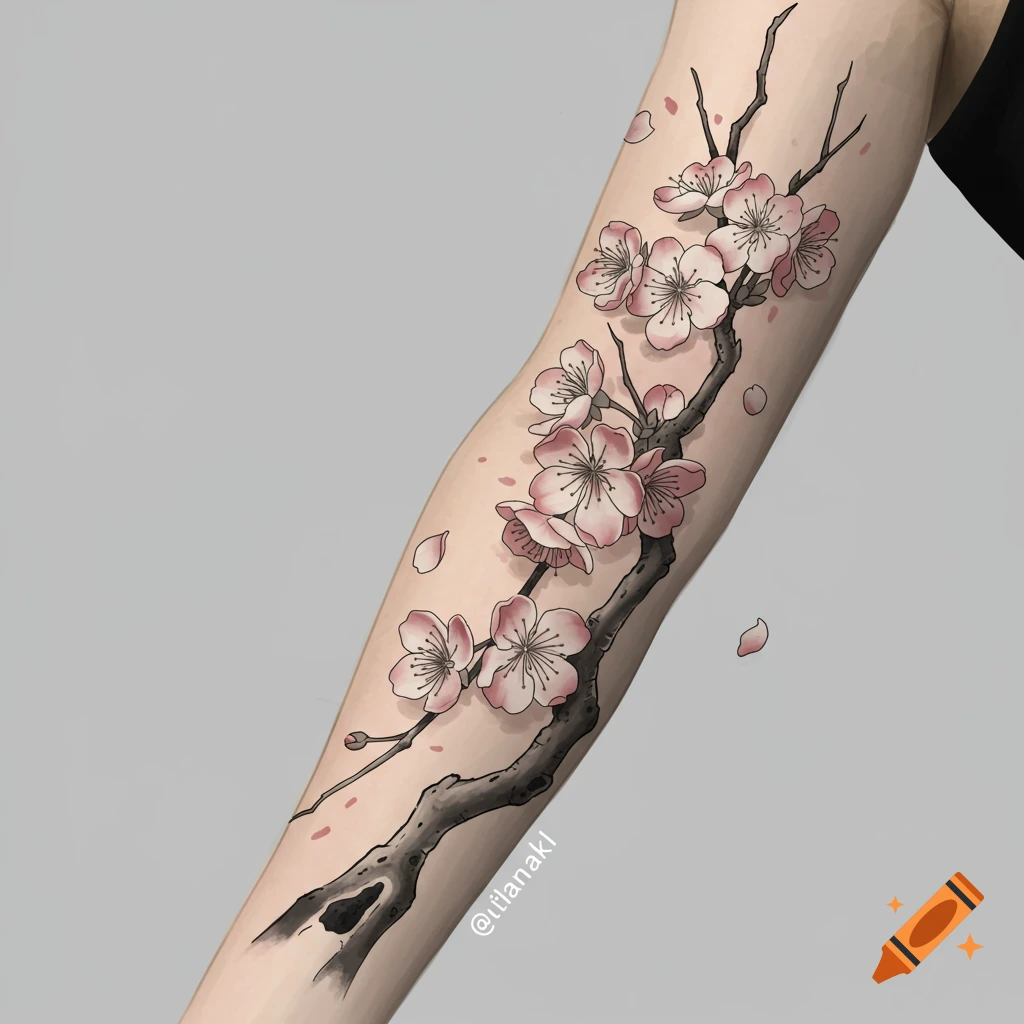 A detailed illustration of a cherry blossom branch tattoo on an arm.