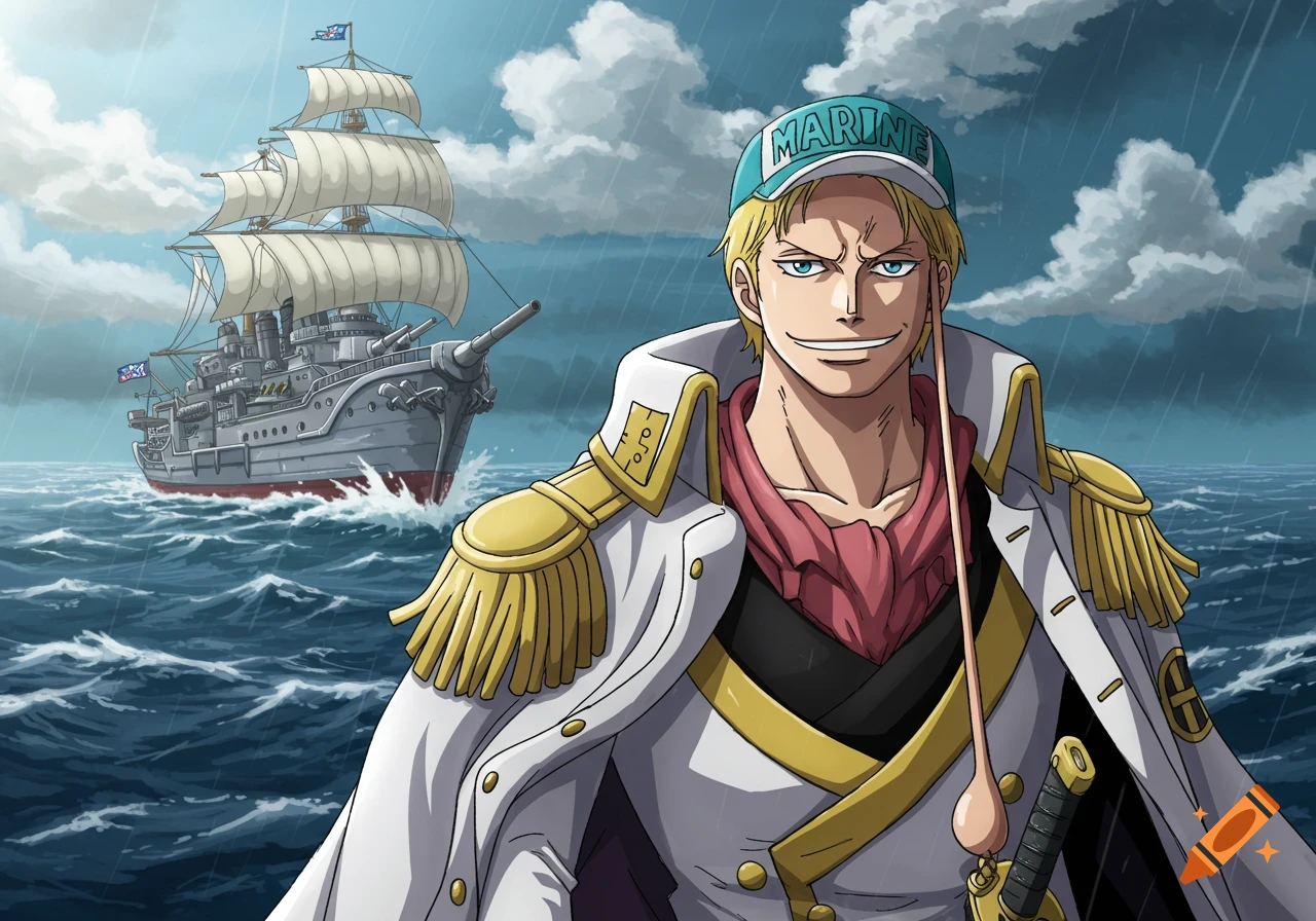 Anime character in marine uniform standing in the ocean with a large ship behind him.