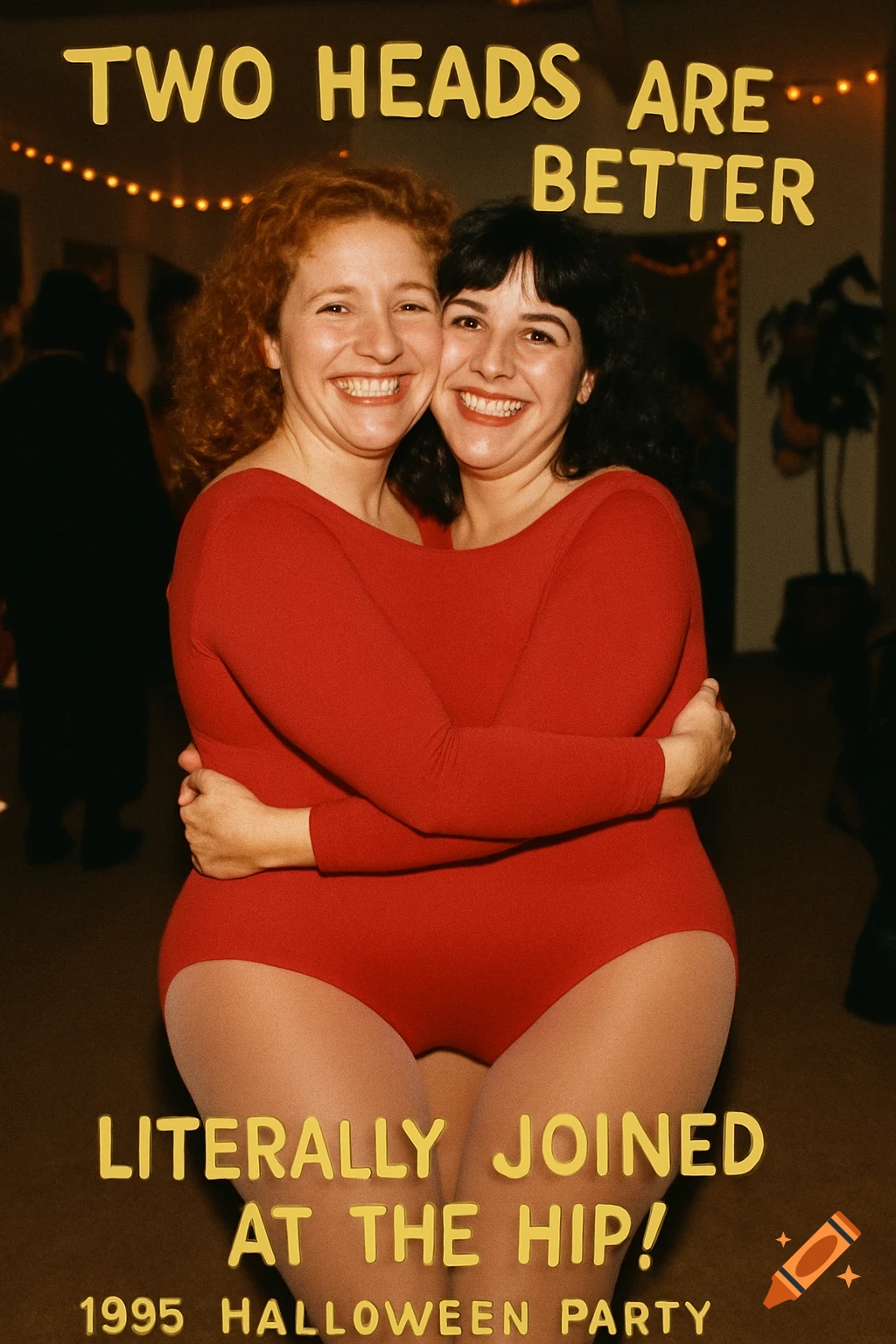 Vintage photo of two women in a merged costume with text 'TWO HEADS ARE BETTER' and 'LITERALLY JOINED AT THE HIP! 1995 HALLOWEEN PARTY'.