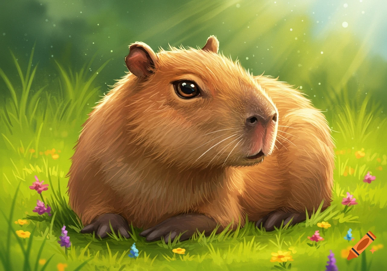 A cute capybara sits in sunlit grass surrounded by small flowers.