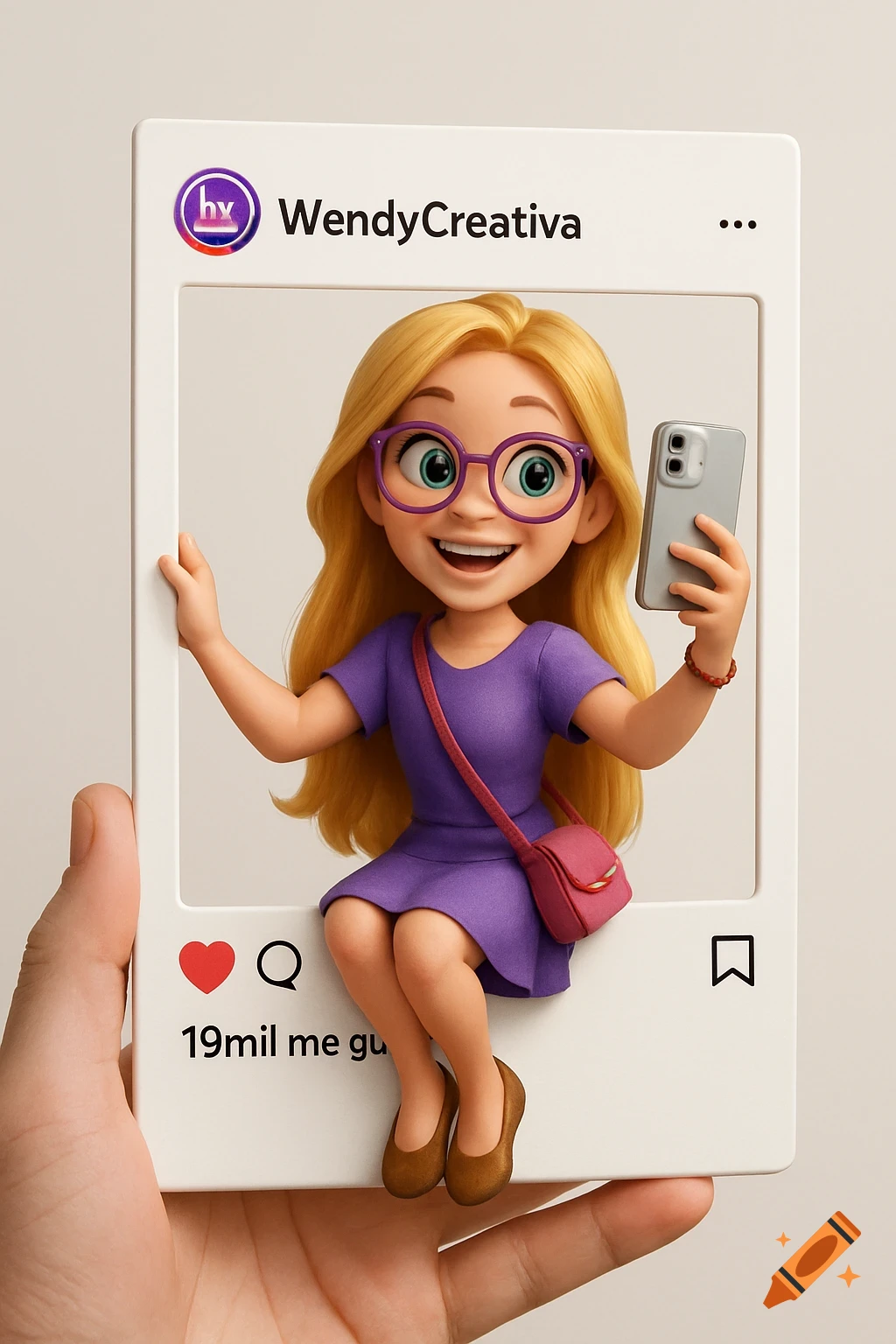 A 3D cartoon girl with blonde hair and glasses sits on the edge of a large Instagram frame held by a hand, taking a selfie.