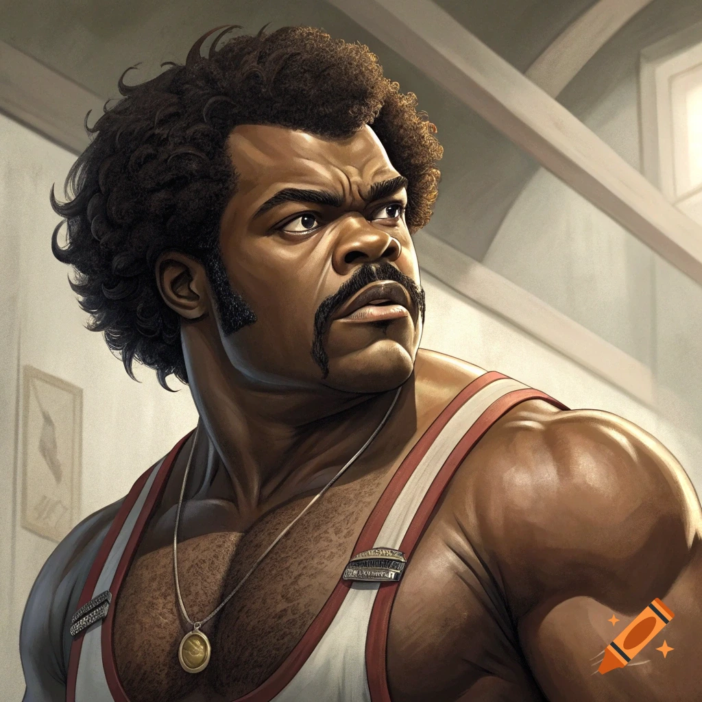Stylized portrait of a muscular Black man with an afro and mustache, wearing a tank top, looking intently to the side.
