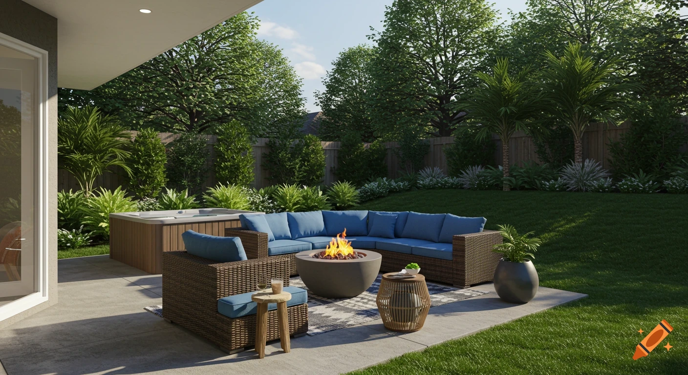 Modern backyard patio with blue sectional sofa, fire pit, hot tub, and lush landscaping.