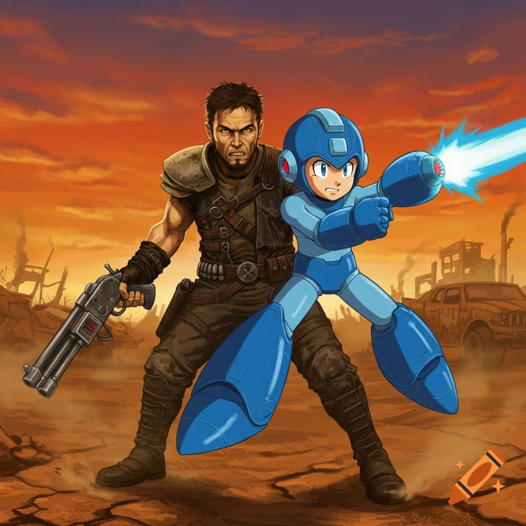 An illustration of a rugged man from Mad Max with a shotgun standing next to Mega Man firing an energy blast in a wasteland.