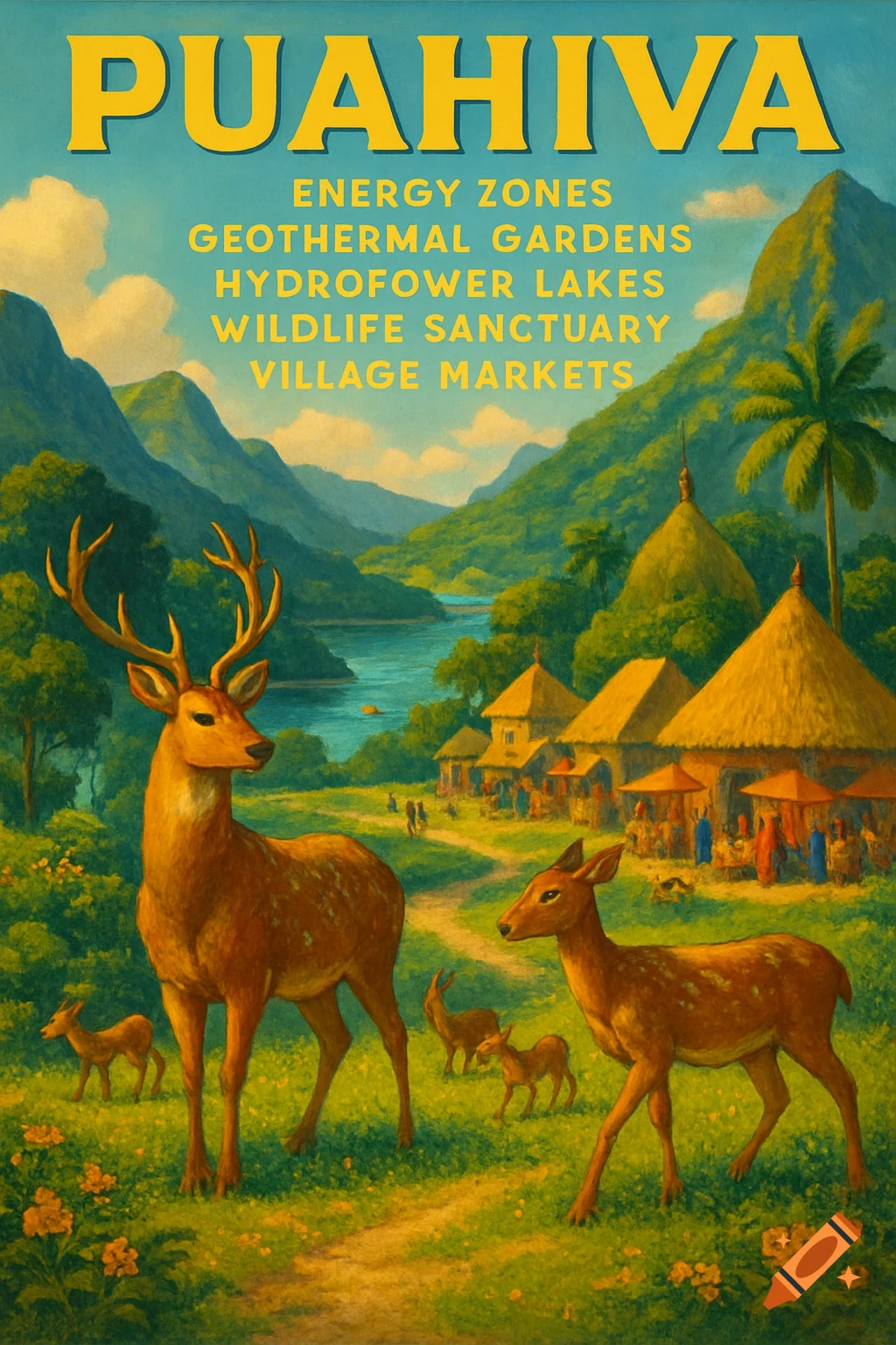 Painterly travel poster for Puahiva with deer in a tropical landscape, mountains, lake, and village. Text reads: PUAHIVA