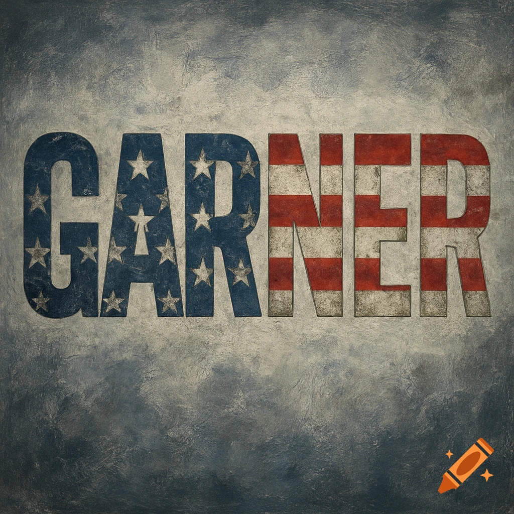 The word GARNER rendered with an American flag pattern on a textured background.