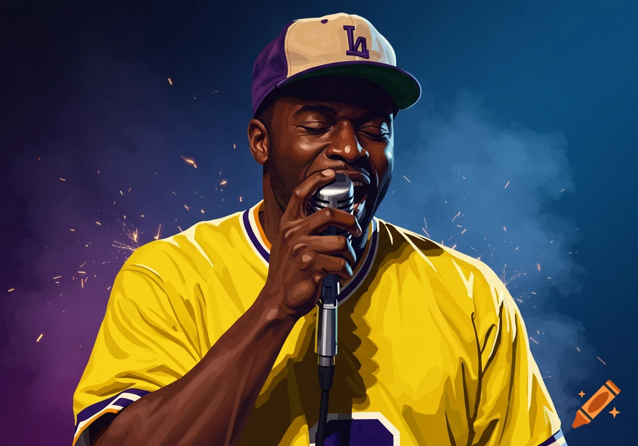 Illustration of a Black rapper in a yellow jersey and LA cap singing ...