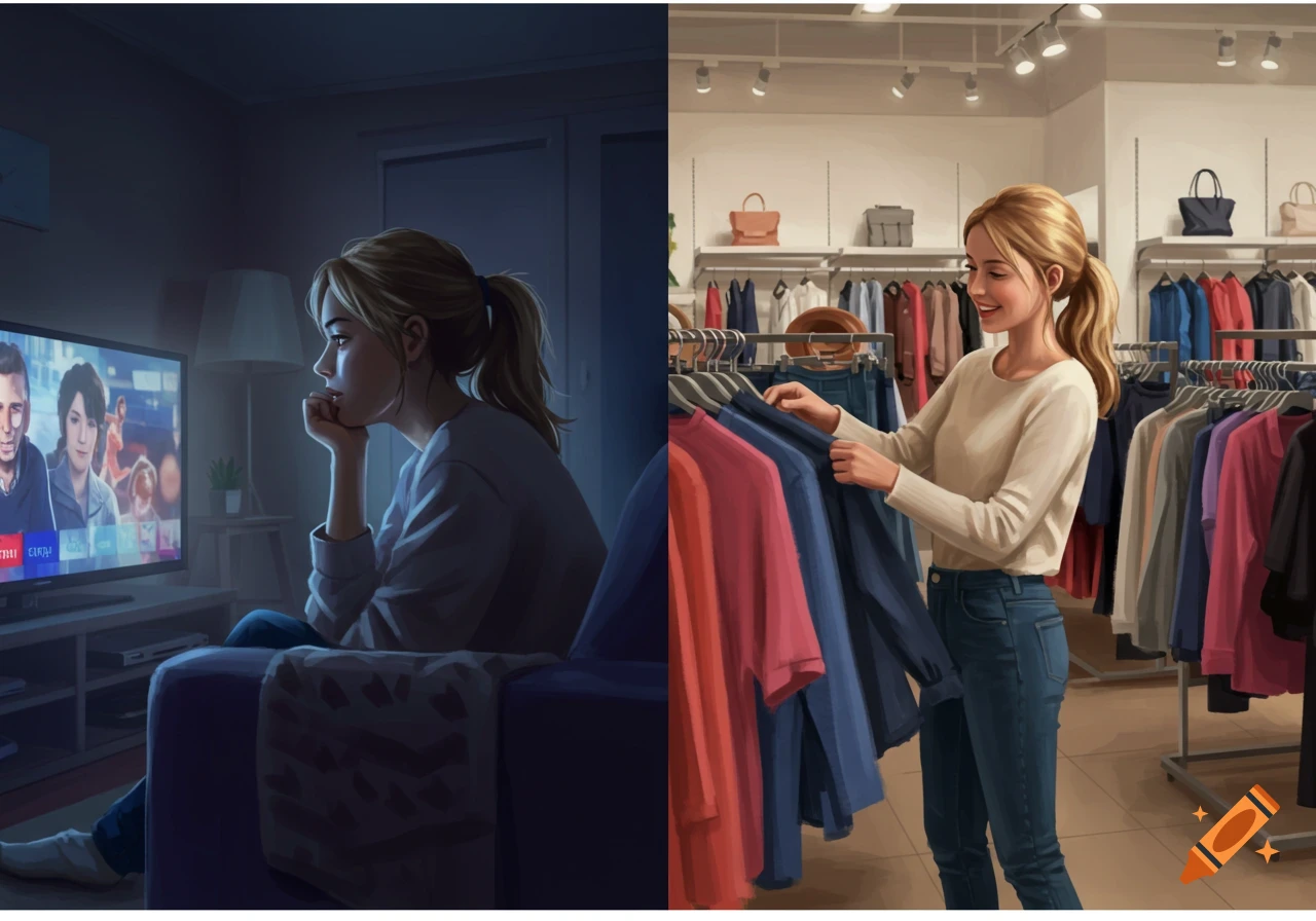 Split image of a woman watching TV in a dark room on the left and shopping for clothes in a bright store on the right, in an illustrative style.